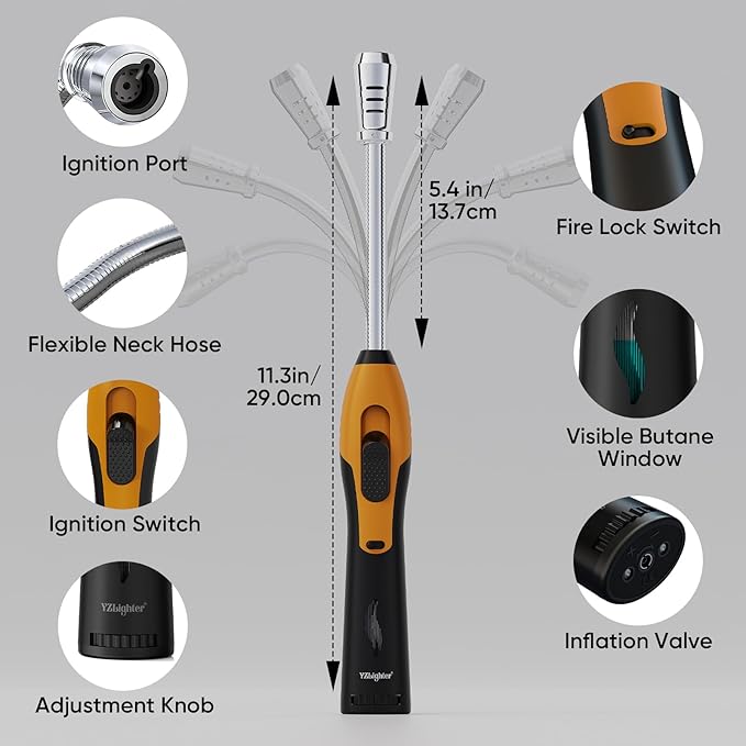 Butane Lighter Torch Long Lighter Refillable Lighter Windproof with Visual Fuel Window Flexible Extra Long Torch Lighter for Fireplace Candles (No Butane Included) (Orange, 1 Pack)