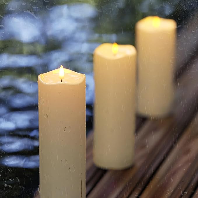 4" x12" Outdoor Waterproof Candles with Timer, Large Pillar Candles Battery Operated, Plastic Tall Flameless Candles for Garden Patio Porch Home Party, Ivory 1Pack