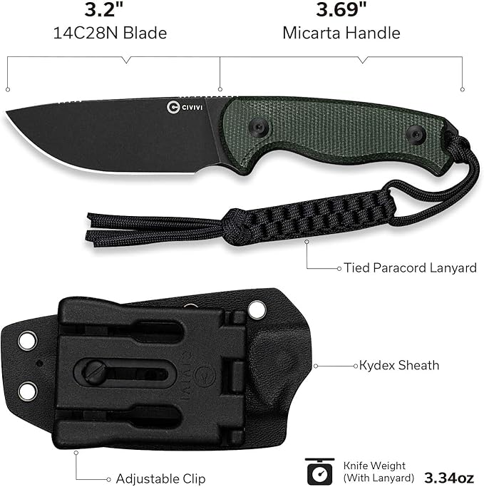 CIVIVI Timberbark Fixed Blade Knife with Kydex Sheath & Clip, 3.2" 14C28N Blade Micarta Handle with Lanyard, Ideal EDC Hunting Knife for Outdoor Adventures Camping Hiking C23094-3, Green