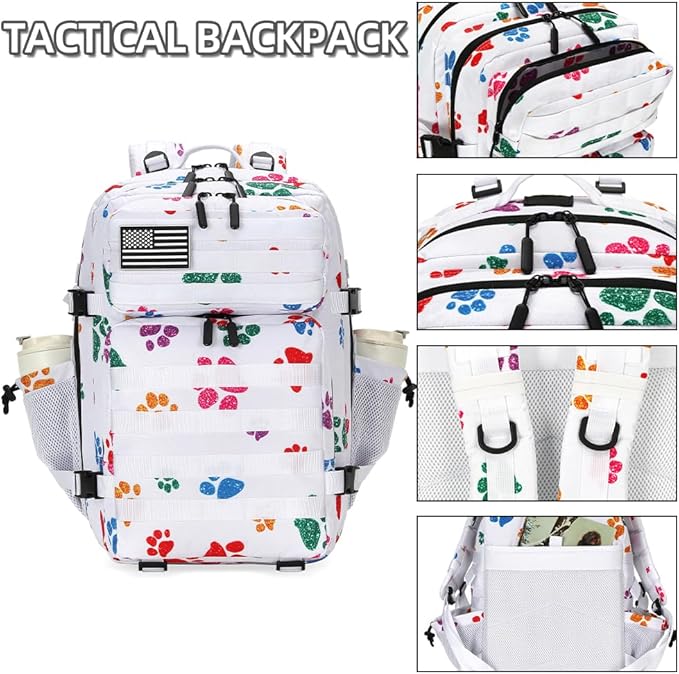 45L Tactical Assault Backpack 3 day assault pack with Molle Waterproof backpack Rucksack for Tactical Backpacks (Colorful paw prints)