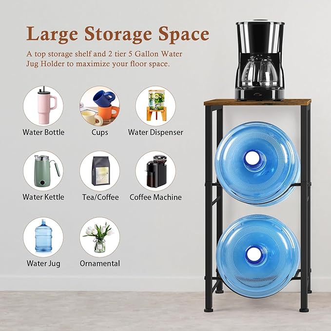 5 Gallon Water Jug Holder with Top Shelf, 2 Tier Water Dispenser Rack Stand 5 Gallon Water Bottle Storage Organizer for Kitchen, Home Office, Living Room, Rustic Brown