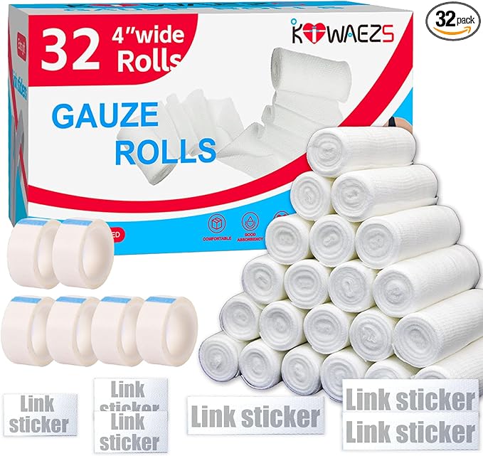 32 Pack Gauze Rolls Bandages 4 ” x 4.1 yd Premium Quality Lint and Latex-Free Conforming Stretch Designed for Effective Wound Care for Wound Dressing Support (Individually Packed)
