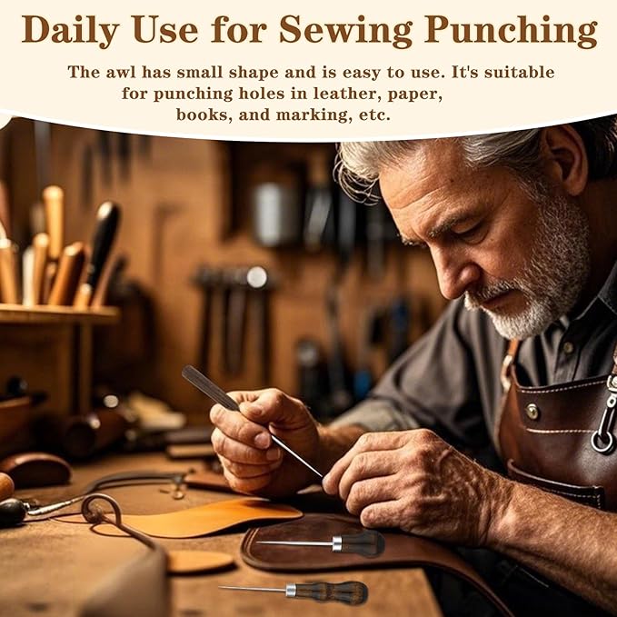 ZXIIXZ 3 Pack Leather Scratch Awl Tool, Awl Tool Sewing with Gourd Shape Wooden Handle for Stitching Punching Sewing, Scratch Awl Tool Supplies for DIY Leather Sewing Punching Craft Repair