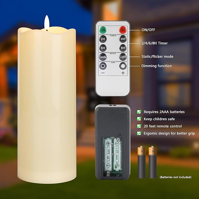 4" x10" Outdoor Flameless Candles Waterproof, Large Battery Operated Candles with Remote, Plastic Flickering LED Candles for Garden Patio Porch Home Party, Ivory 1Pack
