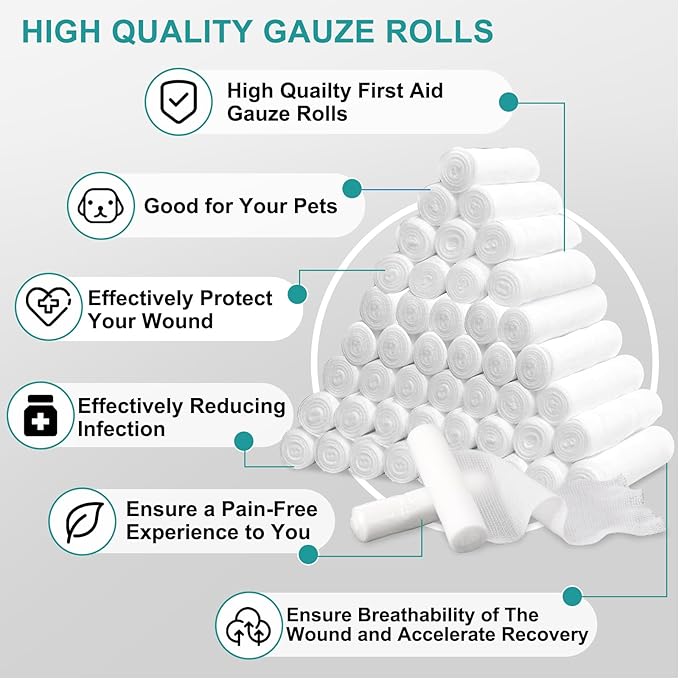 90 Pack Gauze Rolls Bandages, 3 in x 4.1 Yards, Individually Wrapped Breathable Rolled Gauze, Mummy Wraps, Premium First Aid Supplies & Medical Supplies for Wounds