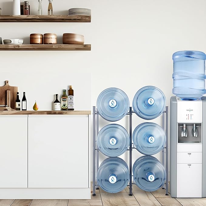 VEVOR 5 Gallon Water Jug Holder, 3 Tiers Double Row Heavy Duty Water Bottle Rack with 6 Slots, Detachable Water Jug Stand for Kitchen, Office, Living Room- Silver