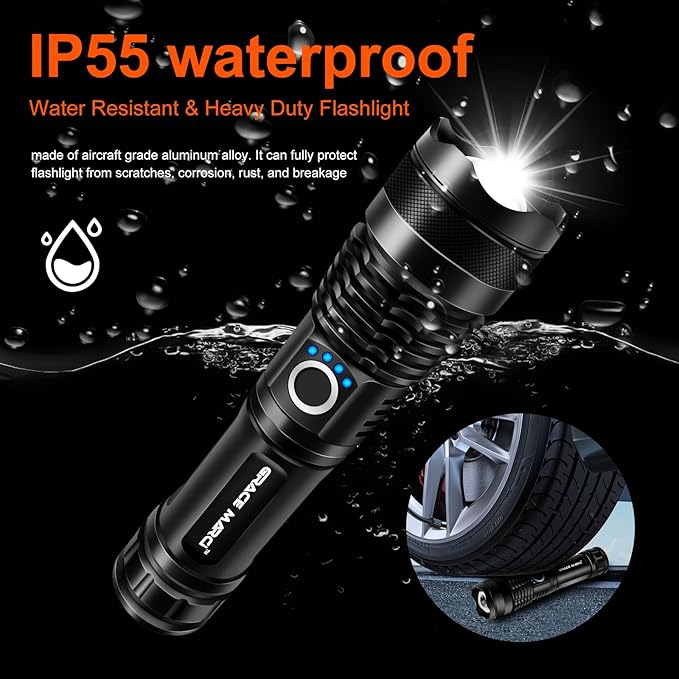 Rechargeable Flashlight High Lumen, Camping Essential Tactical Flash Light with 5 Modes, Adjustable Focus, LED Super Bright 150,000 Lumens Powerful Flashlight Rechargeable for Home & Emergencies