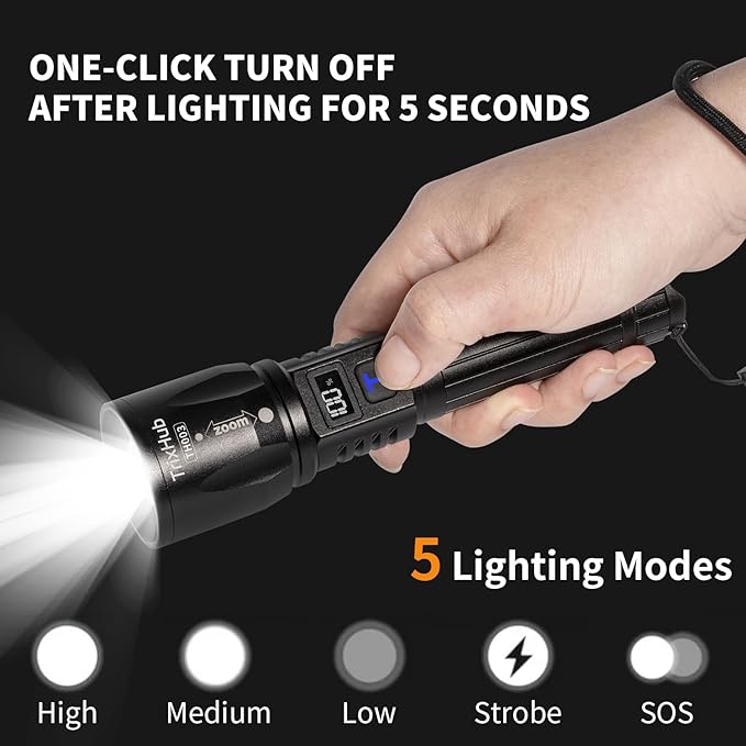 Rechargeable Flashlights 2Pack High Lumens, 5Mode Rechargeable Flashlights with LCD Digital Display, Super Bright Flashlight Adjustable Tactical Flash Light, High Powered LED Flashlight for Emergency
