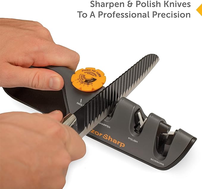RazorSharp™ Knife Sharpener With Adjustable Angle Guide — Diamond-Coated Ceramic Sharpening Stones for All Knives Including Precision Kitchen, Professional, Chef's Knives — Non-Slip Rubber Edge Grip