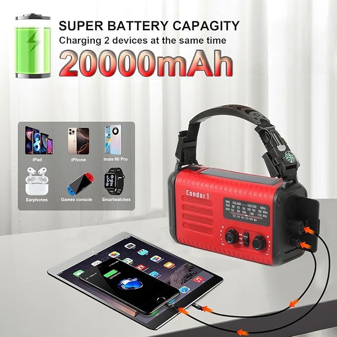 20000mAh / 74000mWh Emergency Radio, Solar Hand Crank Radio AM/FM/NOAA Weather Radio, Battery Powered with Cell Phone Charger, SOS Alarm, Flashlight & Reading Lamp (Red)