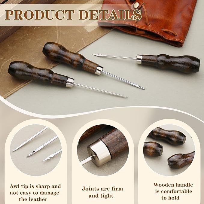 ZXIIXZ 3 Pcs Sewing Awl, Leather Scratch Hollow Hook Awl Tool Kit, Awl Tool Sewing Supplies with Gourd Shape Wooden Handle for DIY Leather Sewing Stitching Bookbinding Punching Repairing Craft