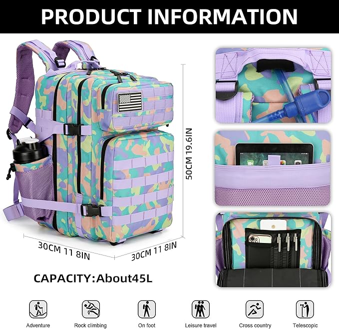 45L Tactical Assault Backpack 3 day assault pack with Molle Waterproof backpack Rucksack for Tactical Backpacks (PurpleGreenYellow)