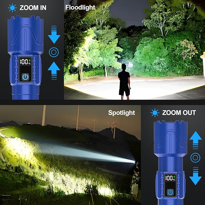 Rechargeable Flashlights High Lumens - Super Bright LED Tactical Flash Light, Powerful Waterproof Handheld USB C Flashlight for Camping,Emergencies,Home,5 Modes,Zoomable (1, Blue)