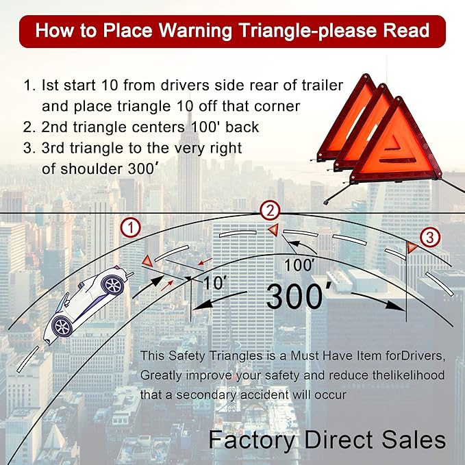XOOL Triple Warning Triangle Emergency Warning Triangle Reflector Safety Triangle Kit Suitable for Roadside Emergencies, 3-Pack