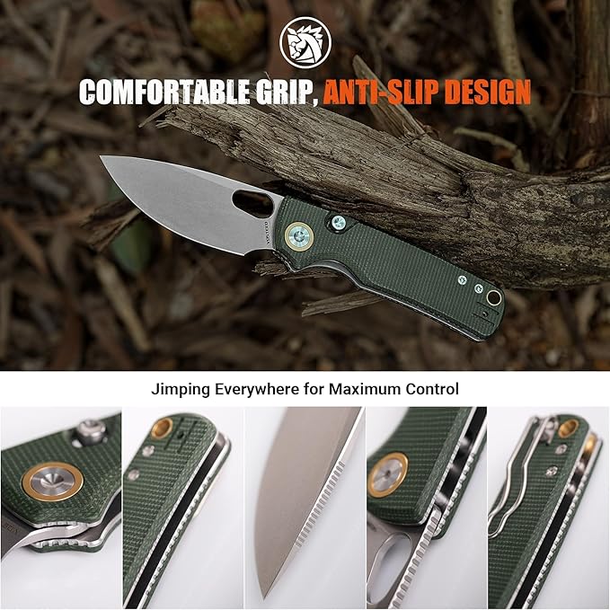 Vosteed EDC Knife, 2.99" 14C28N Steel Wider Blade, Green Micarta Handle Top Liner Lock, Folding Pocket Knives with Clip for Men & Women, Survival Camping - Porcupine A2603
