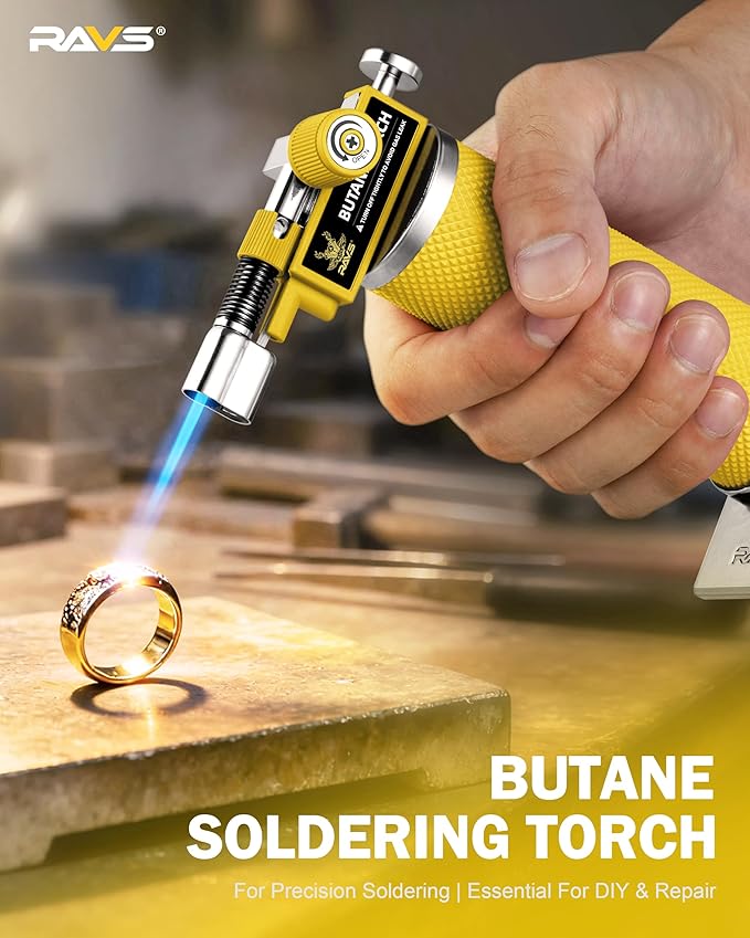 RAVS 2 Flame Mode Butane Torch Lighter, Refillable Kitchen Torch with Adjustable Flame and Safety Buckle, Yellow Jewelry Torch for Welding, Resin Art, Industrial, Butane Fuel not Include