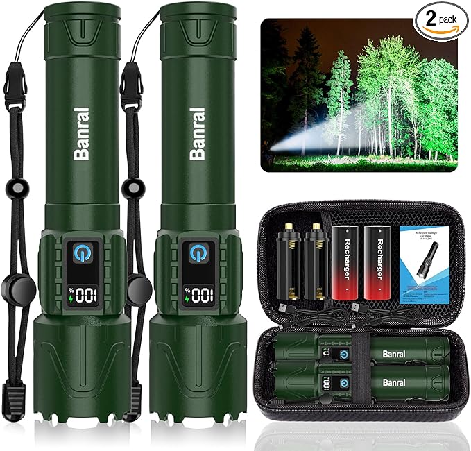 Rechargeable Flashlights High Lumens - Super Bright LED Tactical Flash Light, Powerful Waterproof Handheld USB C Flashlight for Camping,Emergencies,Home,5 Modes,Zoomable (2, Green)