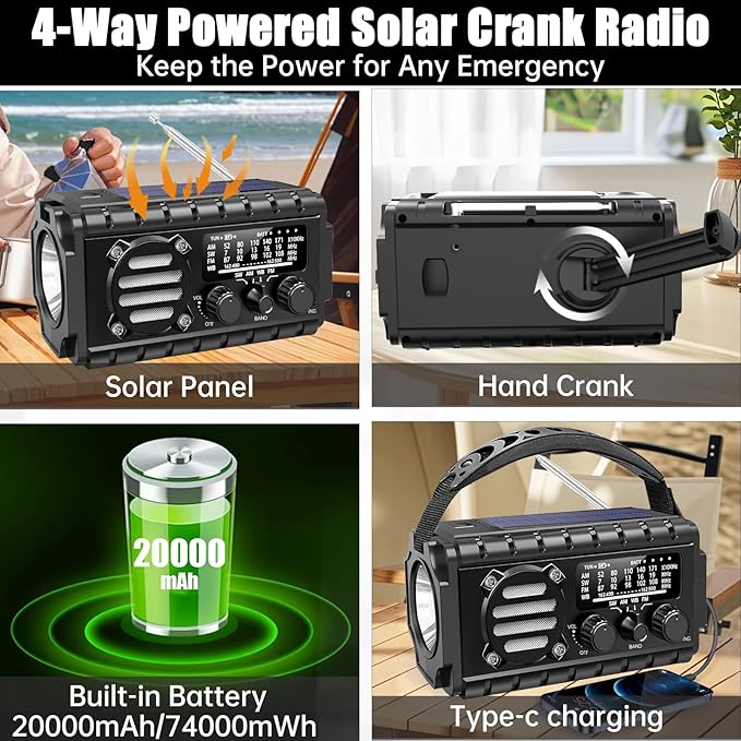 20000mah Emergency Radio, SW/NOAA/AM/FM Weather Radio, Solar Powered Hand Crank Chager with Bige Batery Powered,Portable,Cellphone Charge,SOS,Flashlight for Emergency/Home (Black)