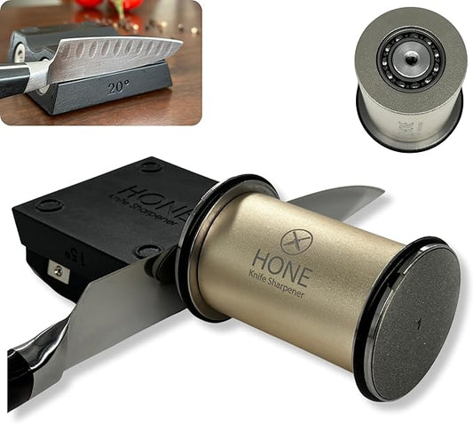 𝗛𝗢𝗡𝗘 Knife Sharpener: Engineered in Canada, Knife Blade Repair and Restoration Tool with Ball Bearings and Detachable Dual-Sided Diamond Sharpening Plates.