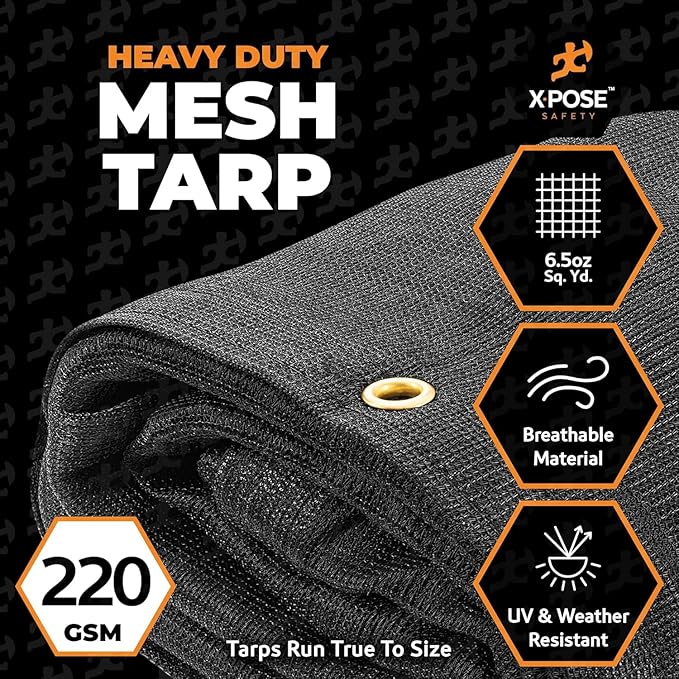 Xpose Safety Heavy Duty Mesh Tarp 12' x 14' (2-Pack) – Multipurpose Black Protective Cover with Air Flow - Use for Tie Downs, Shade, Fences, Canopies, Dump Trucks – Weather and Tear Resistant