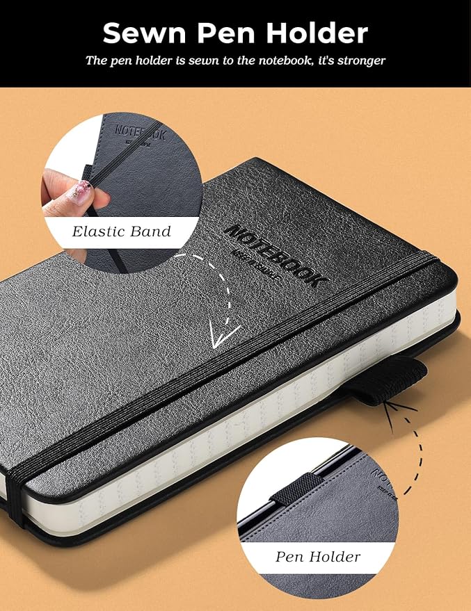 AISBUGUR Pocket Notebook Small Notebook 2-Pack, 3.5" x 5.5" Pocket Notebooks Hardcover with Thick Lined Paper, Inner Pockets, Cover Letter Embossing Design Mini Journal Notepad Black Leather