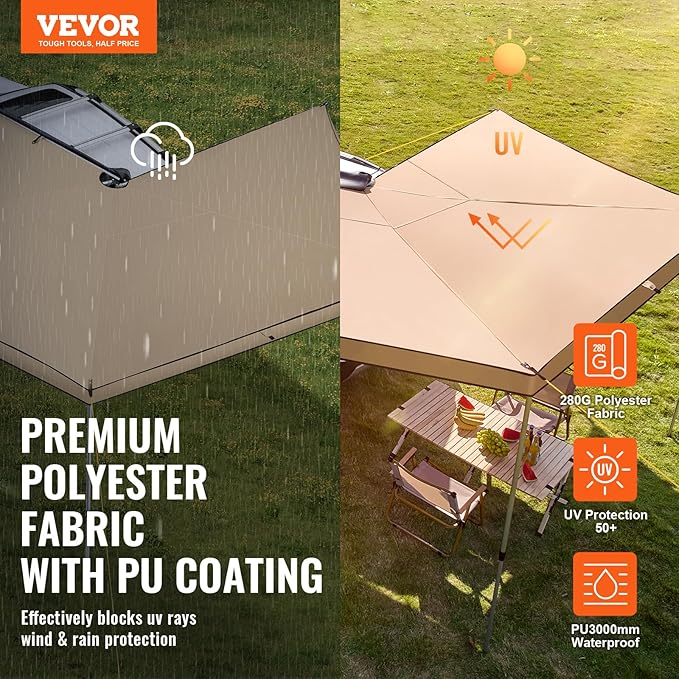VEVOR 270 Degree Vehicle Overland Awning, Free Standing, Driver Side Waterproof Car Shelter, UV50+ Vehicle Awning for SUV Truck Van -Ultimate Sun Protection 270LTE