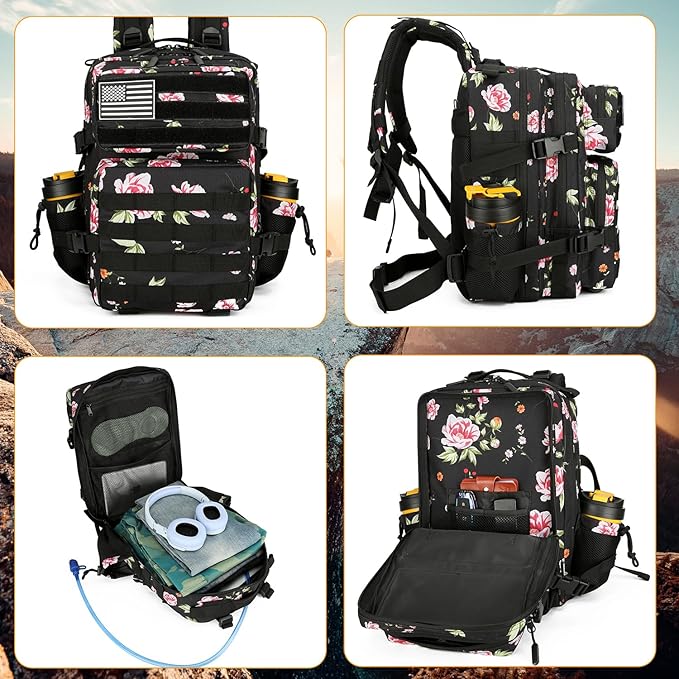 25L Tactical Military Backpack Small Travel Rucksack for Men and Women Assault Pack Bug Out Bag Molle Daypack Gym Backpack with Bottle Holder (Peony)
