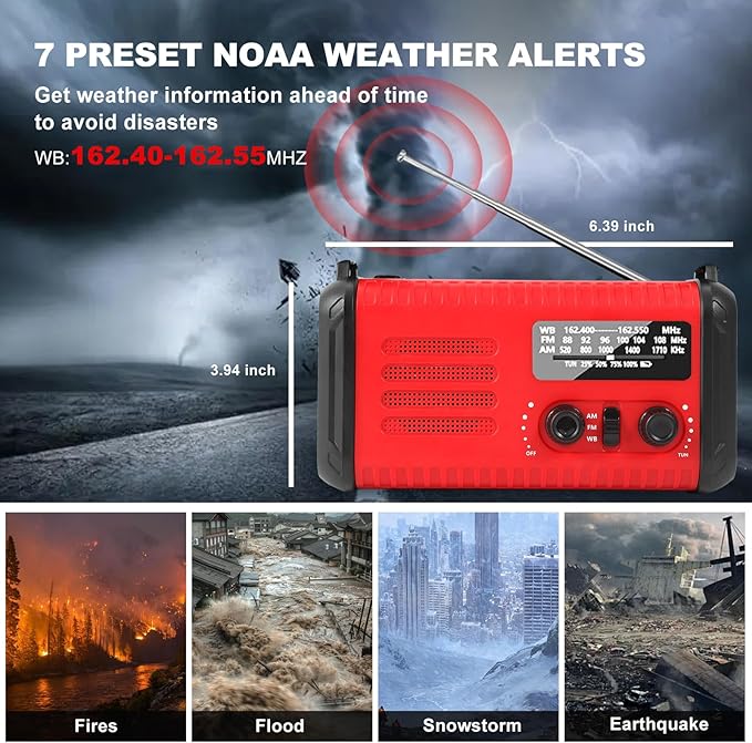 20000mAh/74000mWh Emergency Hand Crank Radio, NOAA Weather Radio with Am Fm NOAA, Solar Battery Operated Radios with Flashlight Cell Phone Charger, SOS Alarm, Compass &Reading lamp (Red)