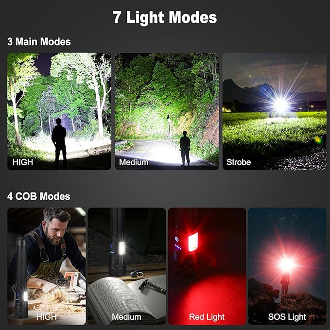 Rechargeable Flashlights 90000 High Lumen, 10000 ɱAh ΒATTERY LED Flashlight with Cob-Light for Home, Super Bright Flash Light 7 Modes, IPX7 Waterproof for Outdoor Camping