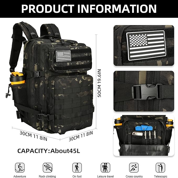 45L Tactical Assault Backpack 3 day assault pack with Molle Waterproof backpack Rucksack for Tactical Backpacks