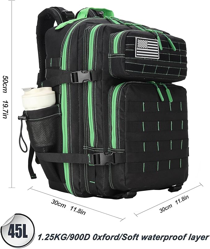 45L Military Tactical Backpacks 3 Days Assault Pack Bag Fitness Rucksack Bug Out Bag Hiking Treeking (45LBlack&Green)