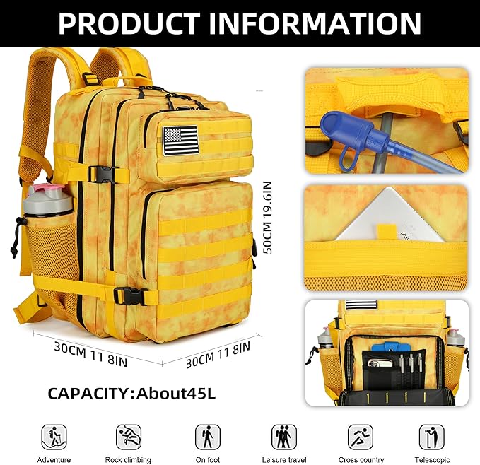 45L Tactical Assault Backpack 3 day assault pack with Molle Waterproof backpack Rucksack for Tactical Backpacks (Yellow)