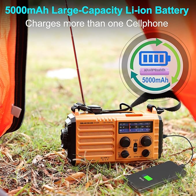5000 Weather Radio,Solar Hand Crank 5-Way Power Emergency Radio,AM/FM/Shortwave/NOAA Alert Survival Portable Radio,Power Bank USB Charger,Camping Flashlight,Reading Lamp,Headphone Jack,SOS,Compass