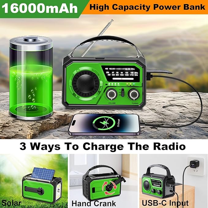 16000mAh Hand Crank Emergency Weather Radio with Wireless Speaker, 59200mWh NOAA AM FM Solar Radio with Flashlight Cell Phone Charger Reading Lamp Compass SOS for Camping and Survival (Light Green)