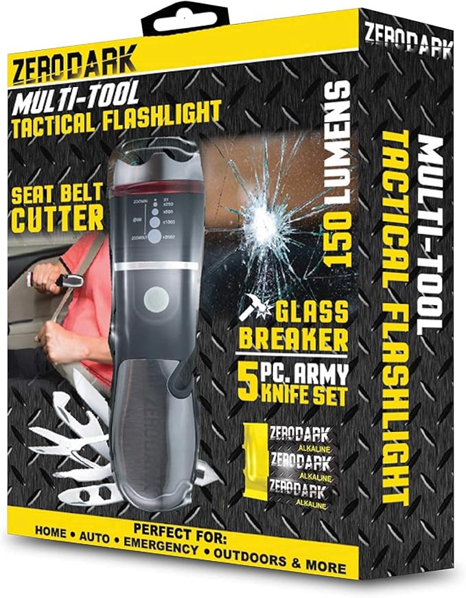 ZeroDark Pocket Knife Flashlight Multitool Emergency Car Kit with Car Window Breaker Seatbelt Cutter - 10-in-1 Car Escape Tool with Swiss Army Knife, Batteries Included