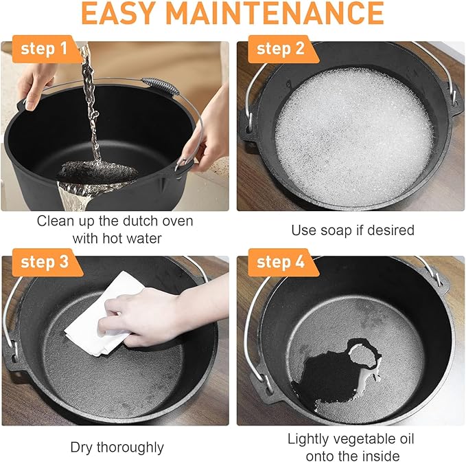 Camping Dutch Oven, 9 Qt Pre-Seasoned Camping Cookware Pot with Lid - Lid Lifter, Cast Iron Dutch Oven with Metal Handle for Cooking BBQ Baking Campfire Modern Black