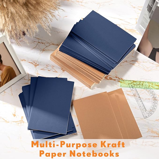 100 Pcs Kraft Notebook Journals 5.5 Inch x 8.3 Inch A5 Softcover Notebooks Bulk for Writing Sketch Office Notepad with 60 Pages 30 Sheets(Brown, Navy,Lined)