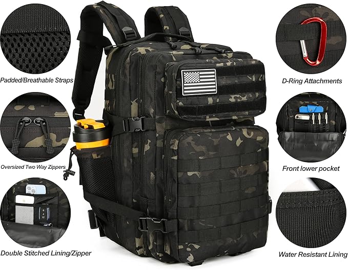 45L Tactical Assault Backpack 3 day assault pack with Molle Waterproof backpack Rucksack for Tactical Backpacks (Black Tie Dye)