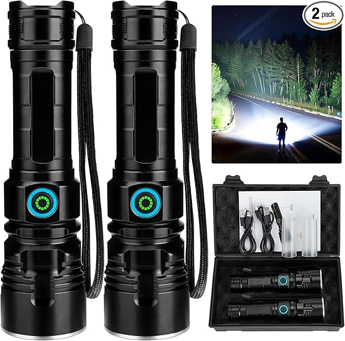 Rechargeable Flashlights 90000 High Lumens - 2 Pack, 12 Hours Powerful LED Flash Light with Multiple Light Modes, Super Bright & IPX5 Waterproof Torch for Camping, Home, Emergencies