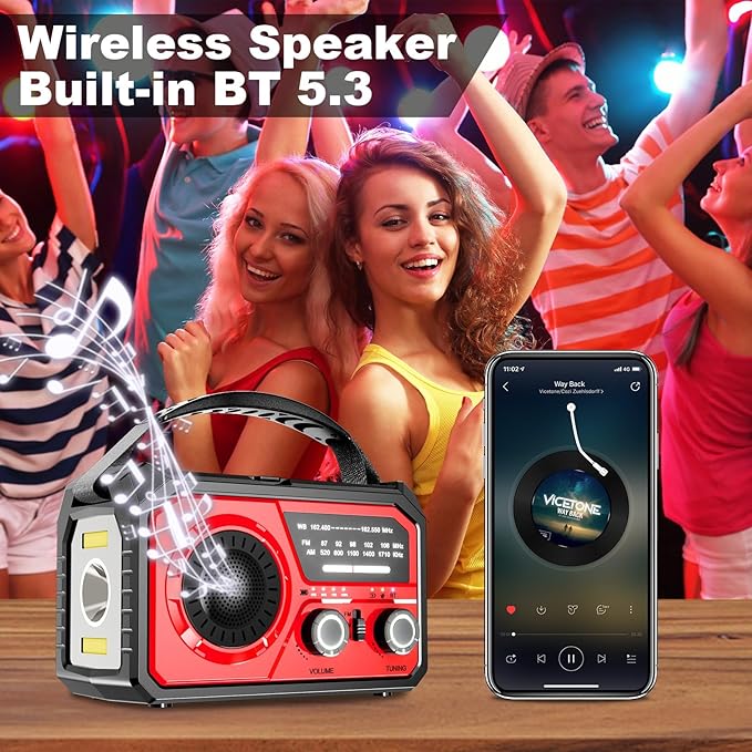 16000mAh Hand Crank Emergency Weather Radio with Wireless Speaker, 59200mWh NOAA AM FM Solar Radio with Flashlight Cell Phone Charger Reading Lamp Compass SOS for Camping and Survival (Red)