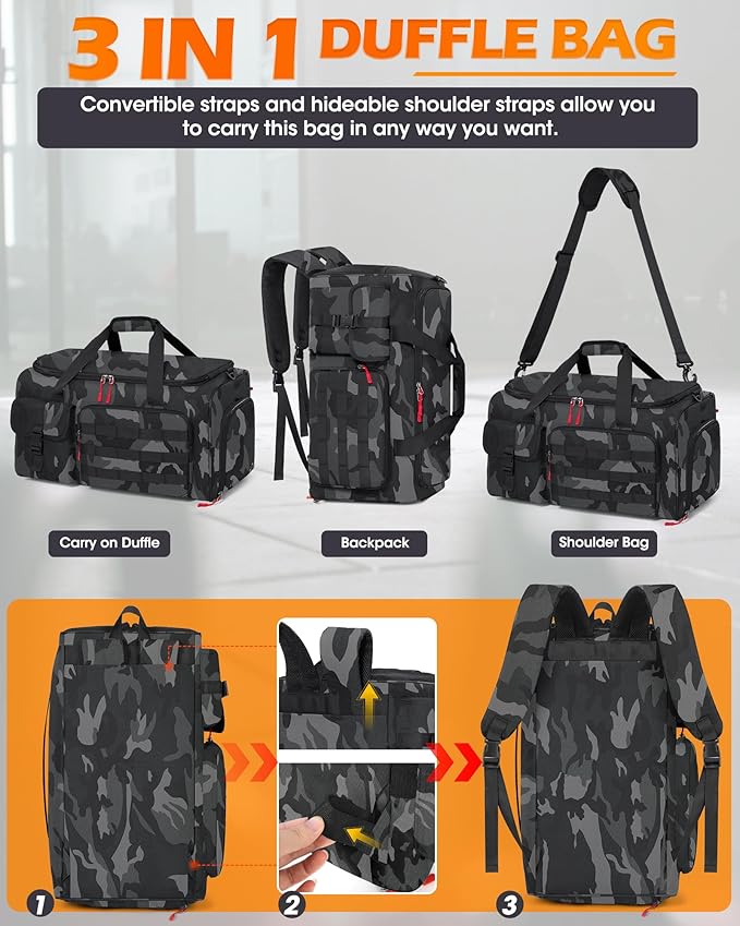 RAINSMORE Gym Bag for Men, 45L Sports Travel Duffel Bag with Shoe & Laptop Compartment, Gym Workout Backpack Carry On Weekender Bag Overnight Backpack for Travel, Black Camo