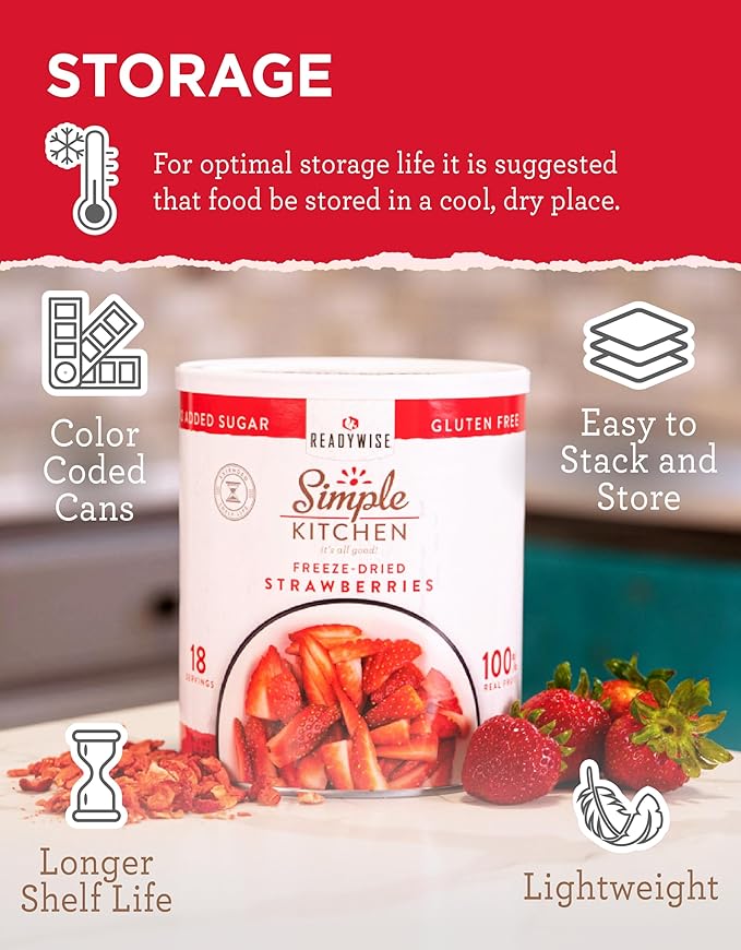 READYWISE - Simple Kitchen Freeze Dried Strawberries, 18 Servings, Vegan, Gluten Free, Healthy Snack, Survival Food, Dried Fruit, Strawberries