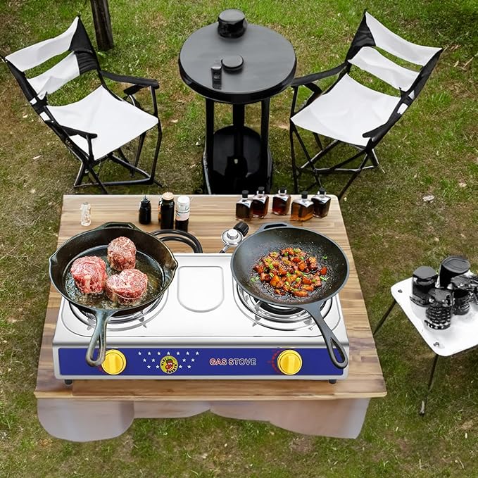 Vivicreate 2 Burner Propane Gas Stove 25000 BTU Stainless Steel Cooktop Outdoor Camping Stove Portable Double Burner for BBQ Boiling Frying Cooking Estufa de Gas Portátil Fogón de Gas