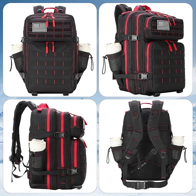 45L Military Tactical Backpacks 3 Days Assault Pack Bag Fitness Rucksack Bug Out Bag Hiking Treeking (45LBlack&Red)