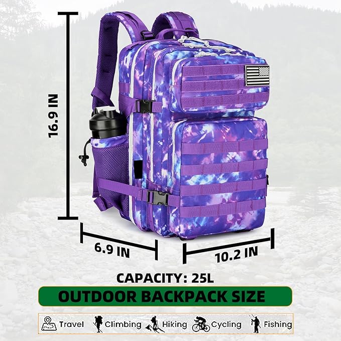 25L Tactical Backpack Military Tactical Backpack for Men and Women Small Assault Pack Outdoor Travel Hiking Camping Rucksack with Molle Webbing (Purple Camo)