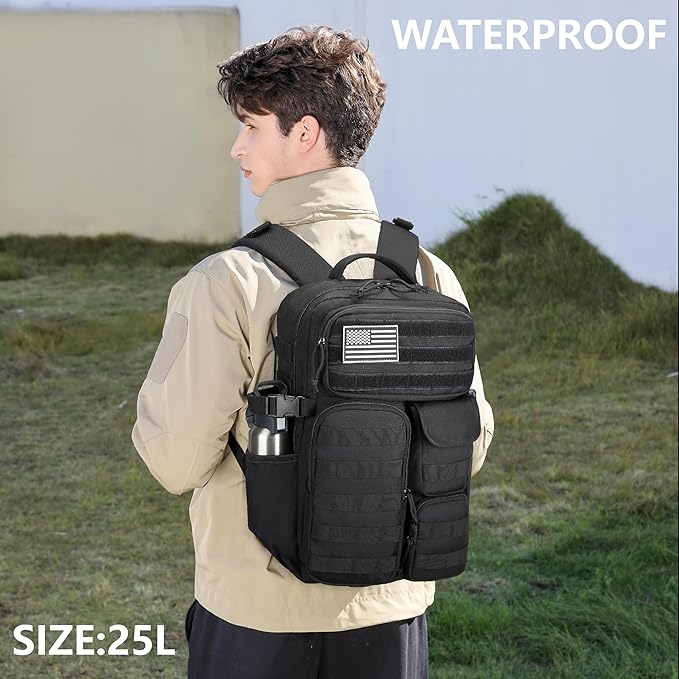 Wotony Tactical Backpack - Military waterproof backpack with multiple pockets and tactical gear for the outdoors (Black, 25L)