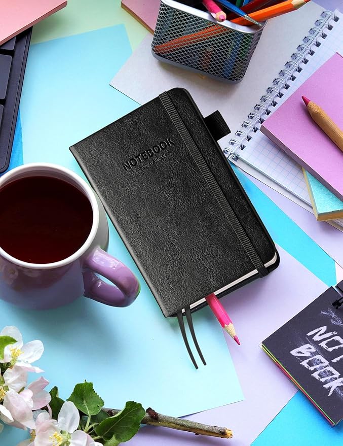 AISBUGUR Pocket Notebook Small Notebook 2-Pack, 3.5" x 5.5" Pocket Notebooks Hardcover with Thick Lined Paper, Inner Pockets, Cover Letter Embossing Design Mini Journal Notepad Black Leather