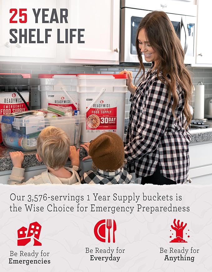ReadyWise 1 Year Emergency Food Supply - 3,576 Servings, 24 Buckets, Freeze Dried Protein Meals, Disaster Survival Food Storage, Ready to Eat, Camping Essentials, up to 25 Year Shelf Life