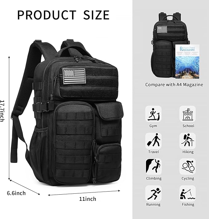 Wotony Tactical Backpack - Military waterproof backpack with multiple pockets and tactical gear for the outdoors (Black, 25L)
