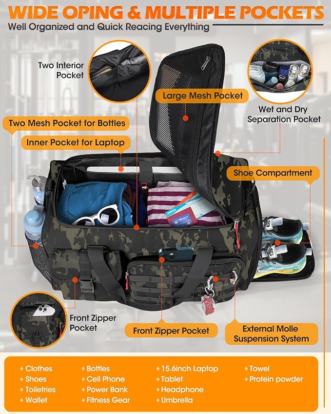 RAINSMORE Gym Bag for Men, 45L Sports Travel Duffel Bag with Shoe & Laptop Compartment, Gym Workout Backpack Carry On Weekender Bag Overnight Backpack for Travel, Green Camo